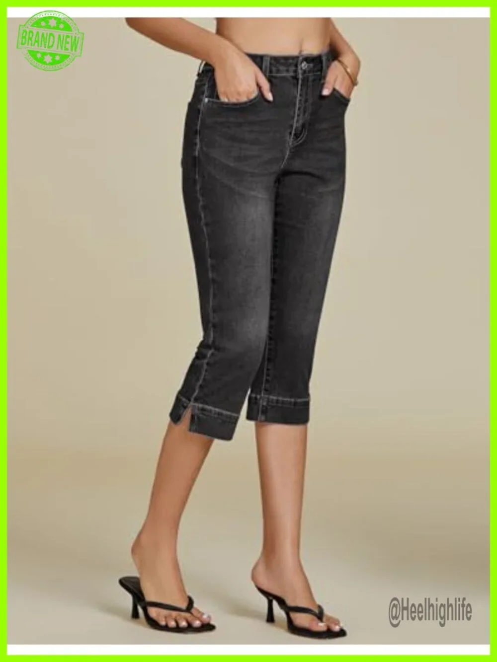 High Waisted Split Hem Cropped Capri Jeans Stretch Denim